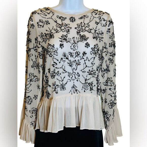 Zara Basic Collection Nude Color Sheer Beaded Sequin Top w Ruffles Size X-Small - Picture 1 of 11